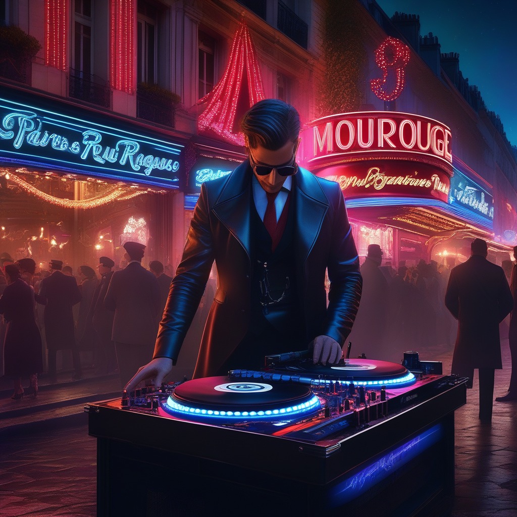 DJ tocando frente a una fachada de neón